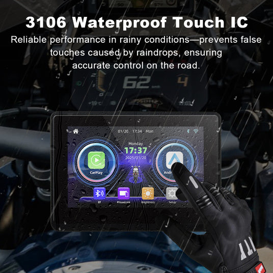 Linkifun M1 motorcycle screen with 3106 waterproof touch IC for accurate and reliable control in rainy riding conditions