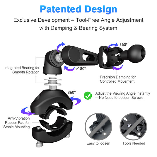 Linkifun MT1A motorcycle screen with patented 360° rotating mount for tool-free angle adjustment and anti-vibration stability