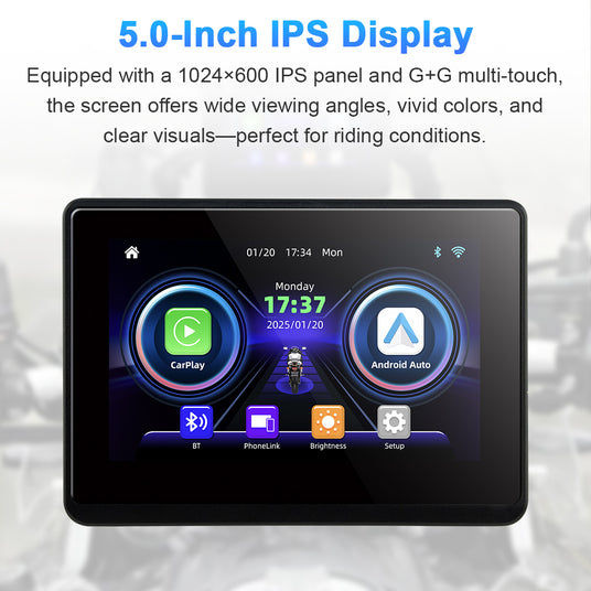 Linkifun MT1A motorcycle screen with 5-inch 1024x600 IPS display and G+G multi-touch for clear visibility and wide viewing angles