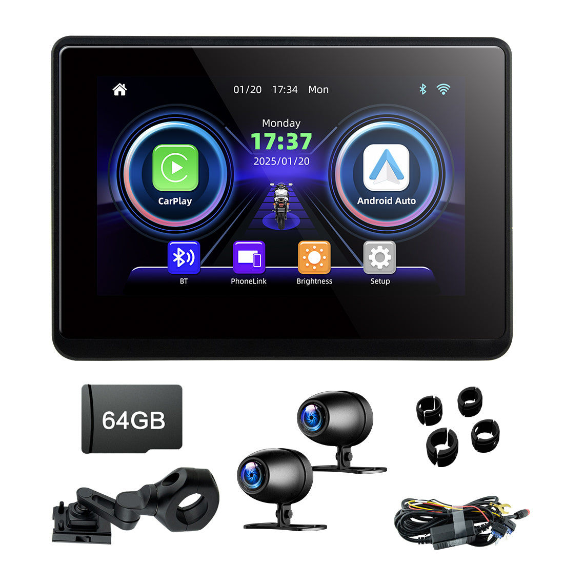 Linkifun MT1A 5-inch motorcycle navigation screen with built-in DVR dash cam, 1080P camera, GPS, and optional TPMS