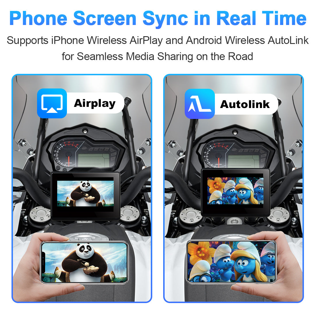 Linkifun MT1A motorcycle screen with wireless screen mirroring via AirPlay and AutoLink for GPS apps, YouTube, and ride data display