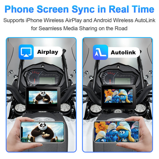 Linkifun MT1A motorcycle screen with wireless screen mirroring via AirPlay and AutoLink for GPS apps, YouTube, and ride data display