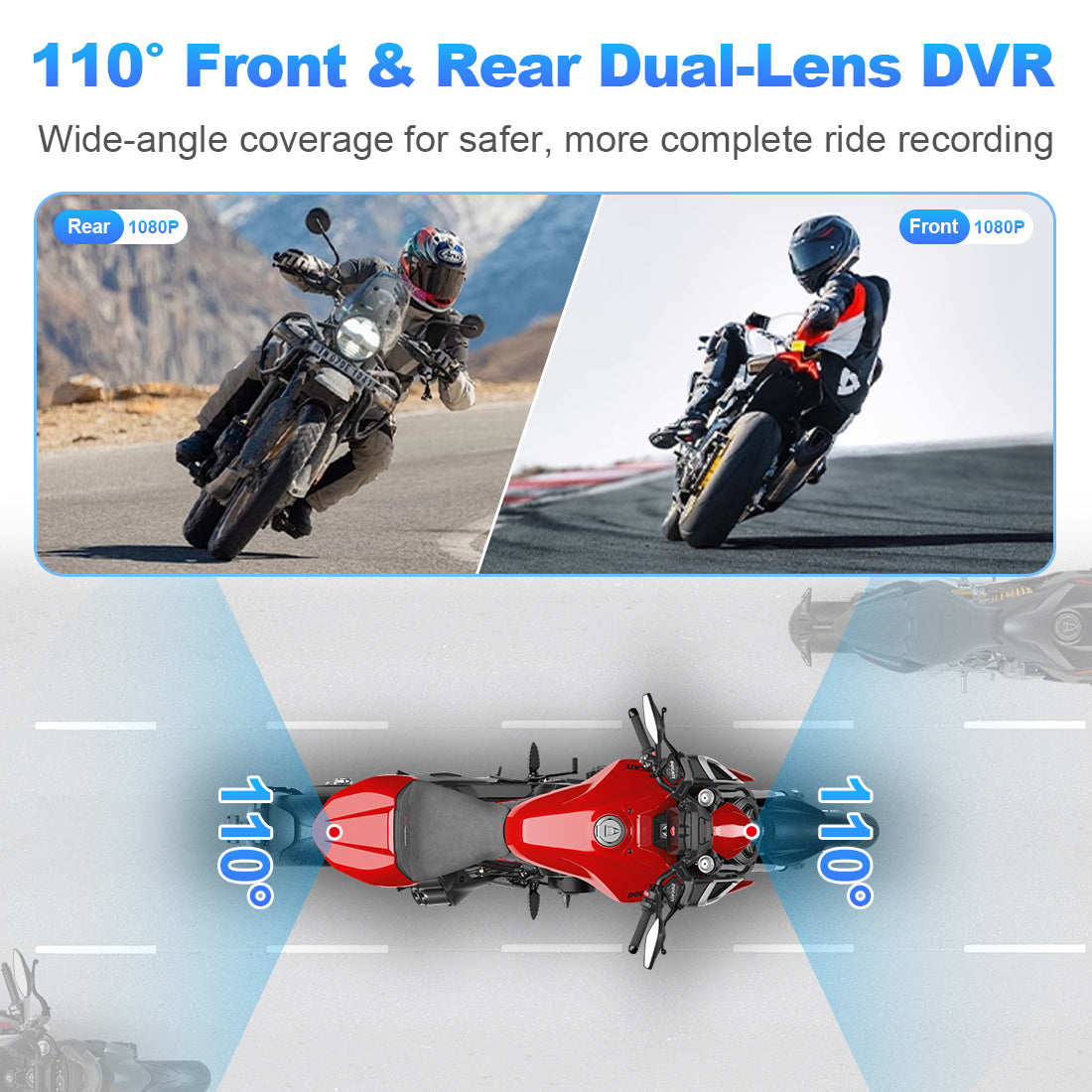 Linkifun MT1A motorcycle screen with 2053 1080P dual-lens DVR for front and rear recording with 110-degree wide-angle coverage