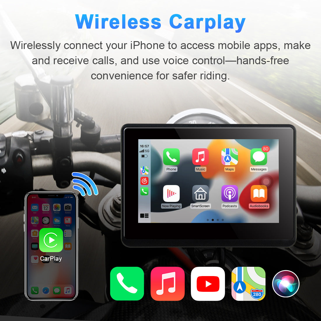 Linkifun MT1A motorcycle screen with wireless Apple CarPlay for iPhone users, featuring hands-free navigation and voice control