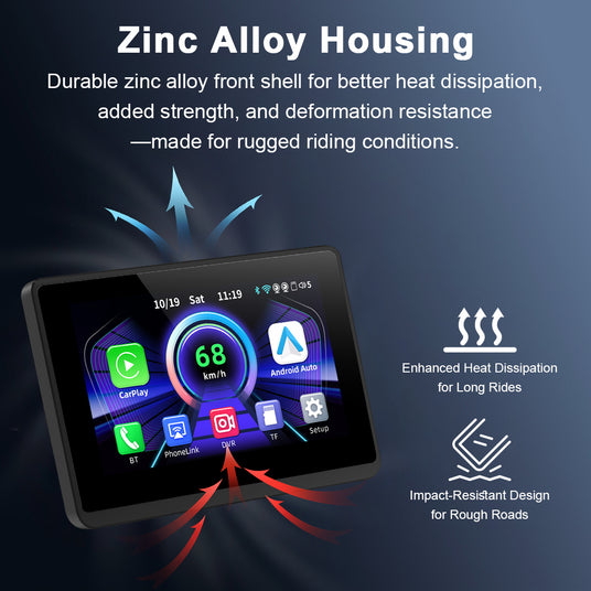 Linkifun MT1A motorcycle screen with rugged zinc alloy housing for heat dissipation, durability, and resistance to impact and deformation