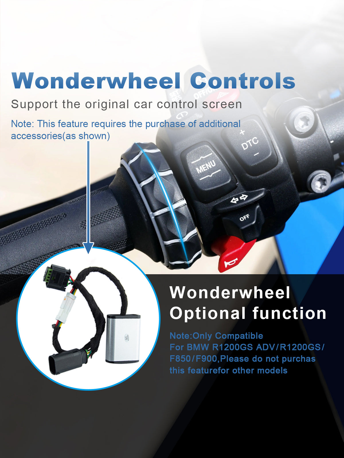 Linkifun MT20 MT30 motorcycle navigation screen optional BMW Wonderwheel-compatible controller for R1200GS, R1250GS, F850, and F900 models enabling full handlebar dial integration