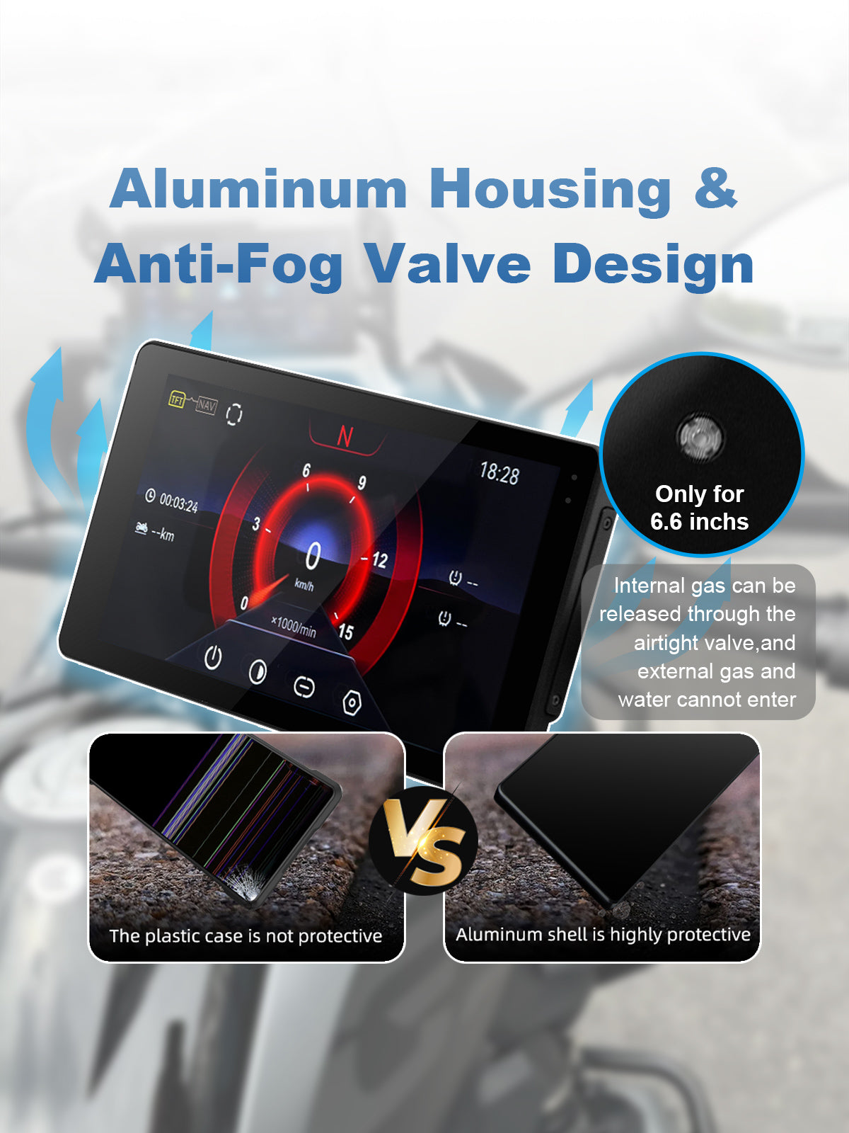 Linkifun MT20 MT30 motorcycle navigation screen with CNC-machined aluminum body, superior heat dissipation, impact resistance, and 6.5-inch anti-fog pressure relief valve for clear visibility