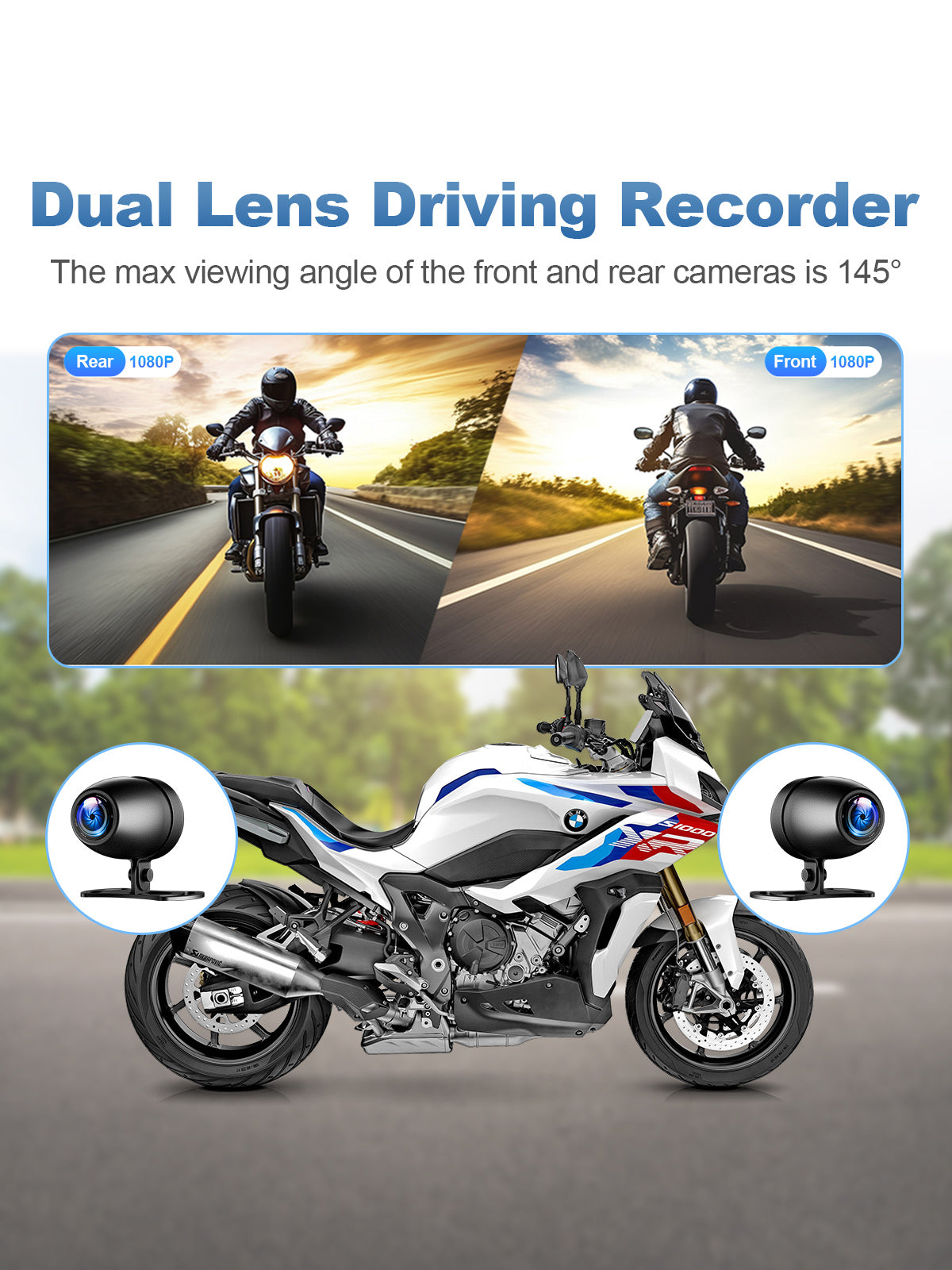 Linkifun MT20 MT30 motorcycle navigation screen with optional dual lens DVR, front and rear Sony IMX307 cameras, 1080P all-glass lenses, and 145-degree wide-angle recording for touring and daily riding