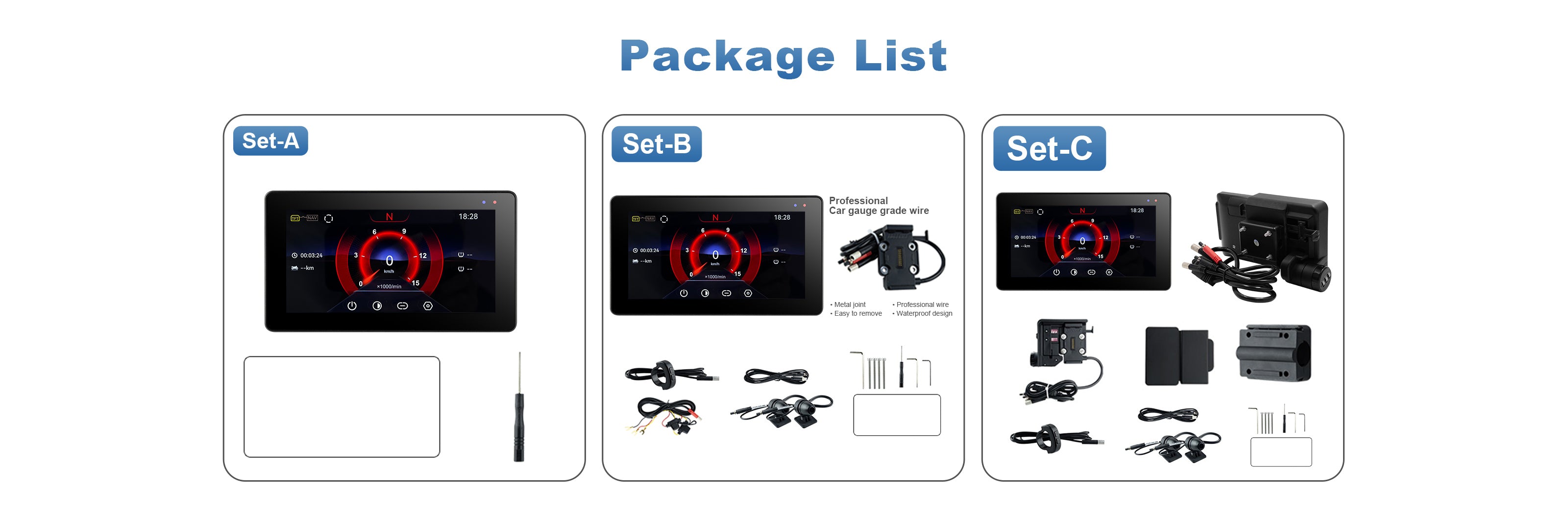 Linkifun MT20 MT30 motorcycle navigation screen packaging contents showing standard screen kit, DVR bundle with Sony 307 cameras, and optional accessories for BMW motorcycles