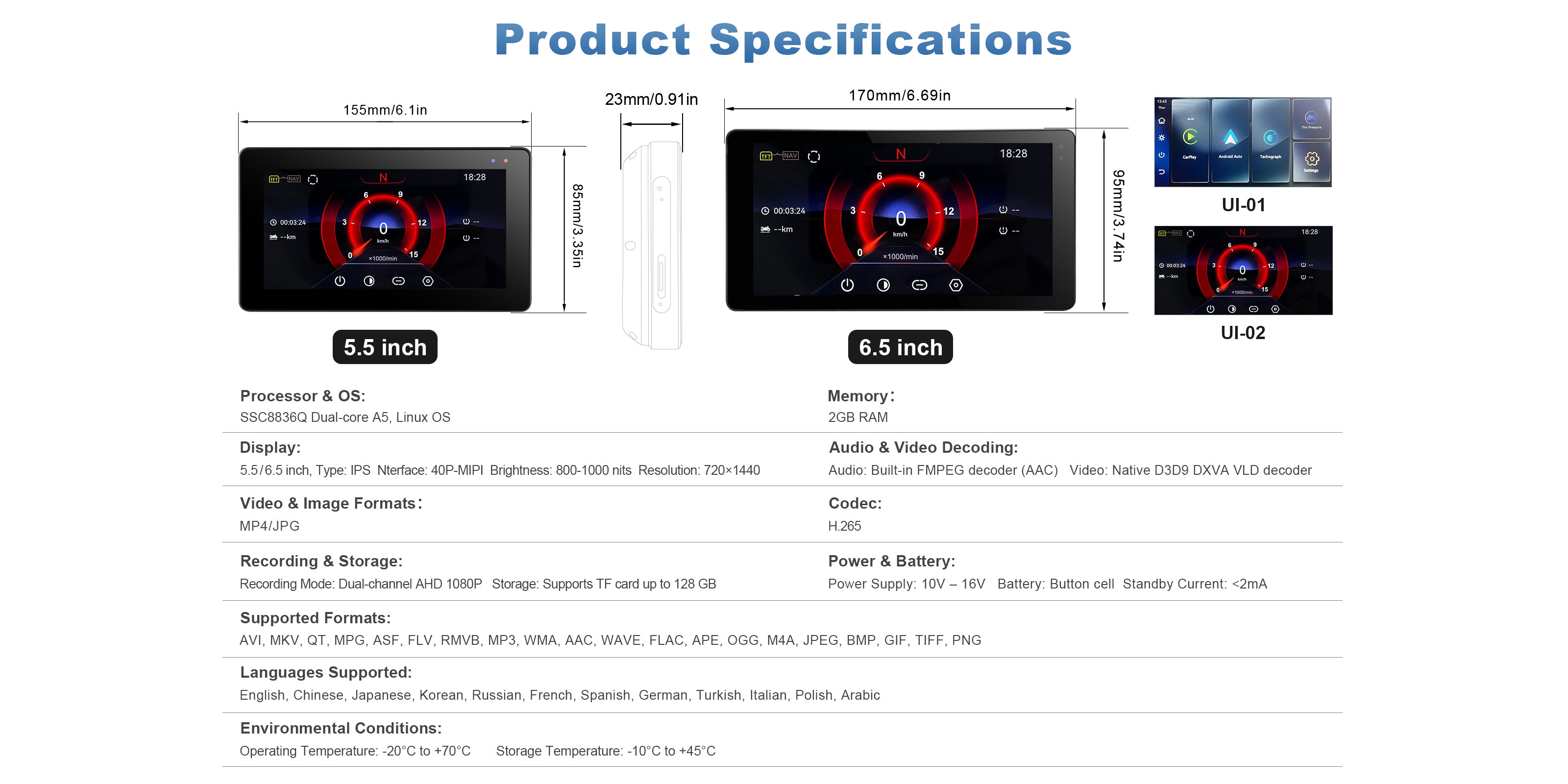 Linkifun MT20 MT30 motorcycle navigation screen product specifications including screen size, IPS display resolution, Bluetooth connectivity, CarPlay Android Auto support, and IP67 waterproof rating
