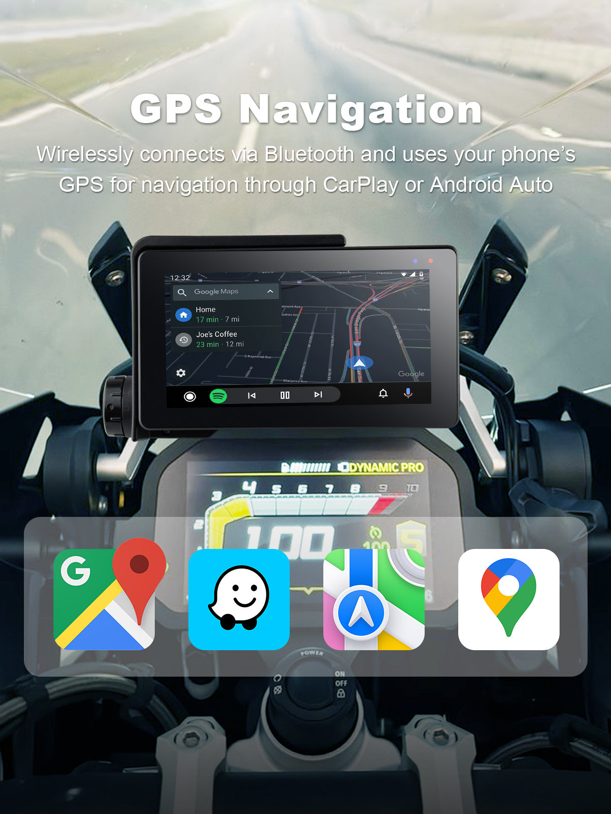 Linkifun MT20 MT30 motorcycle navigation screen with smart GPS via wireless CarPlay and Android Auto, supporting Google Maps, Apple Maps, and Waze, optimized for BMW motorcycles with real-time traffic updates