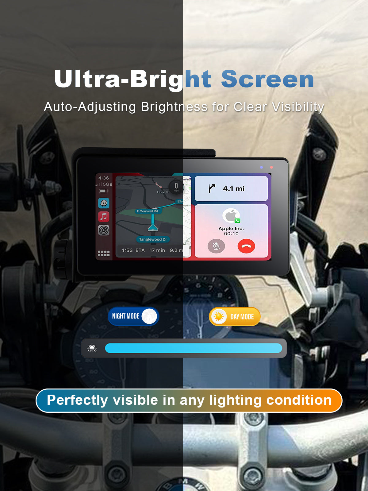 Linkifun MT20 MT30 motorcycle navigation screen with ultra-bright IPS display and adaptive modes including Day Mode, Night Mode, and Auto Mode for clear visibility in sunlight or nighttime riding