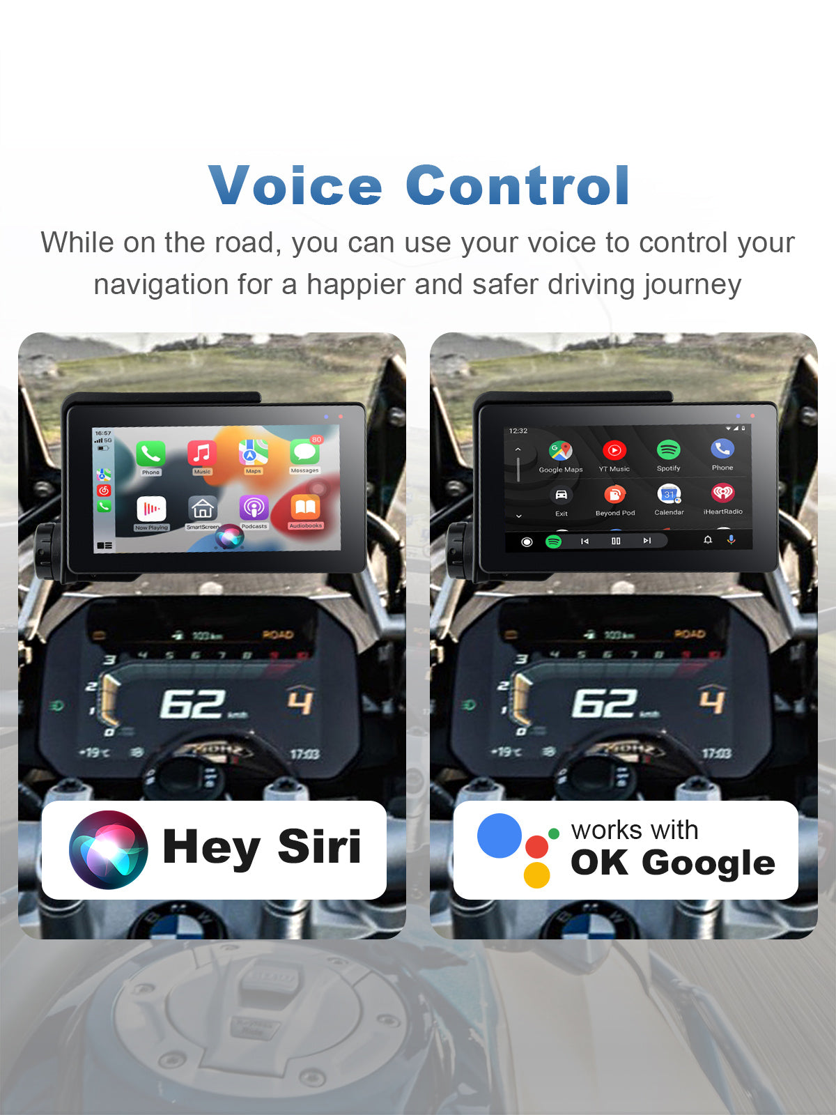 Linkifun MT20 MT30 motorcycle navigation screen with wireless CarPlay and Android Auto voice control, hands-free operation via Siri and Google Assistant for safer riding