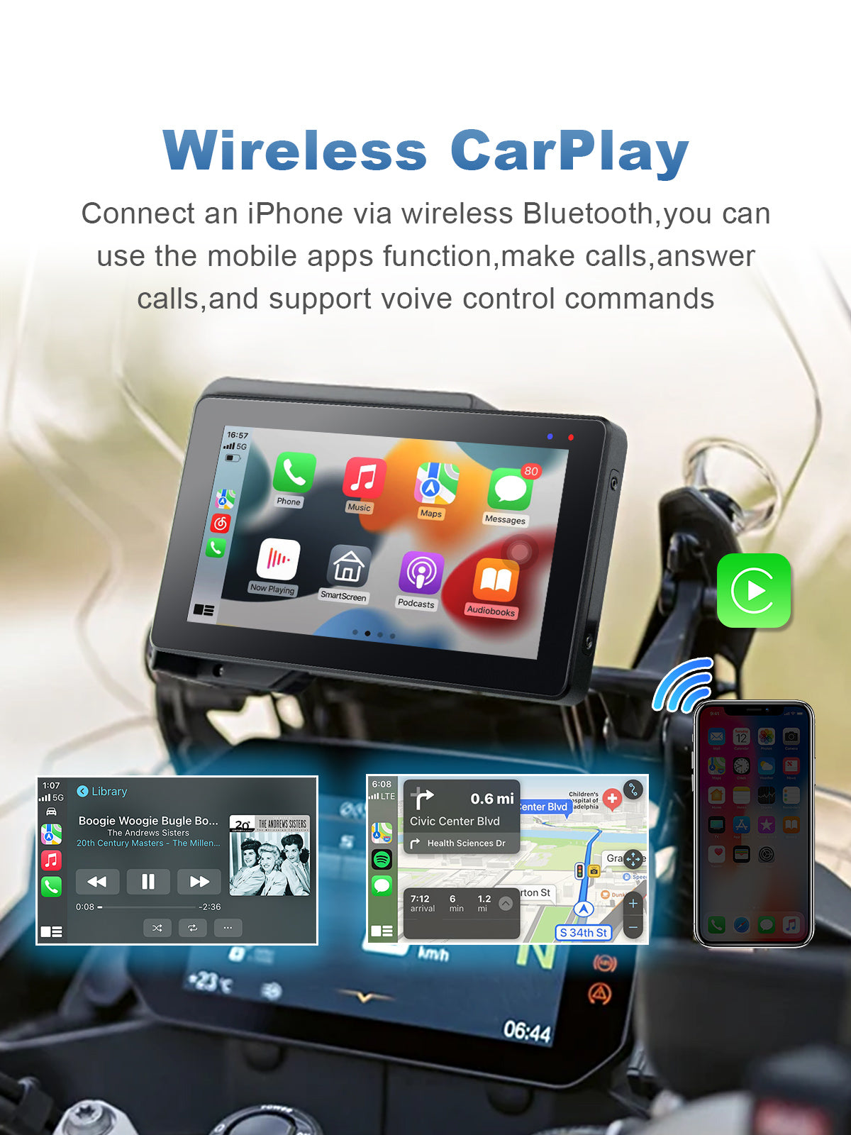 Linkifun MT20 MT30 motorcycle navigation screen with seamless wireless Apple CarPlay integration, Bluetooth iPhone connectivity, Apple Maps, Spotify, calls, and Siri voice control for BMW motorcycles