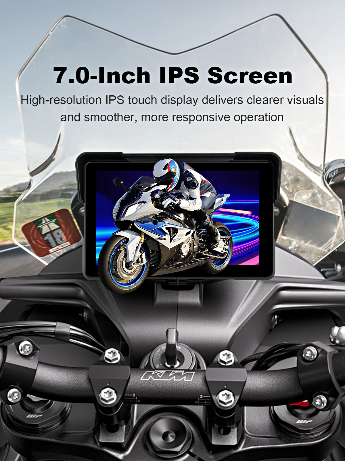 Linkifun MT21 motorcycle navigation screen with 7-inch IPS touchscreen display, showing clear visuals and responsive touch operation for riding use.