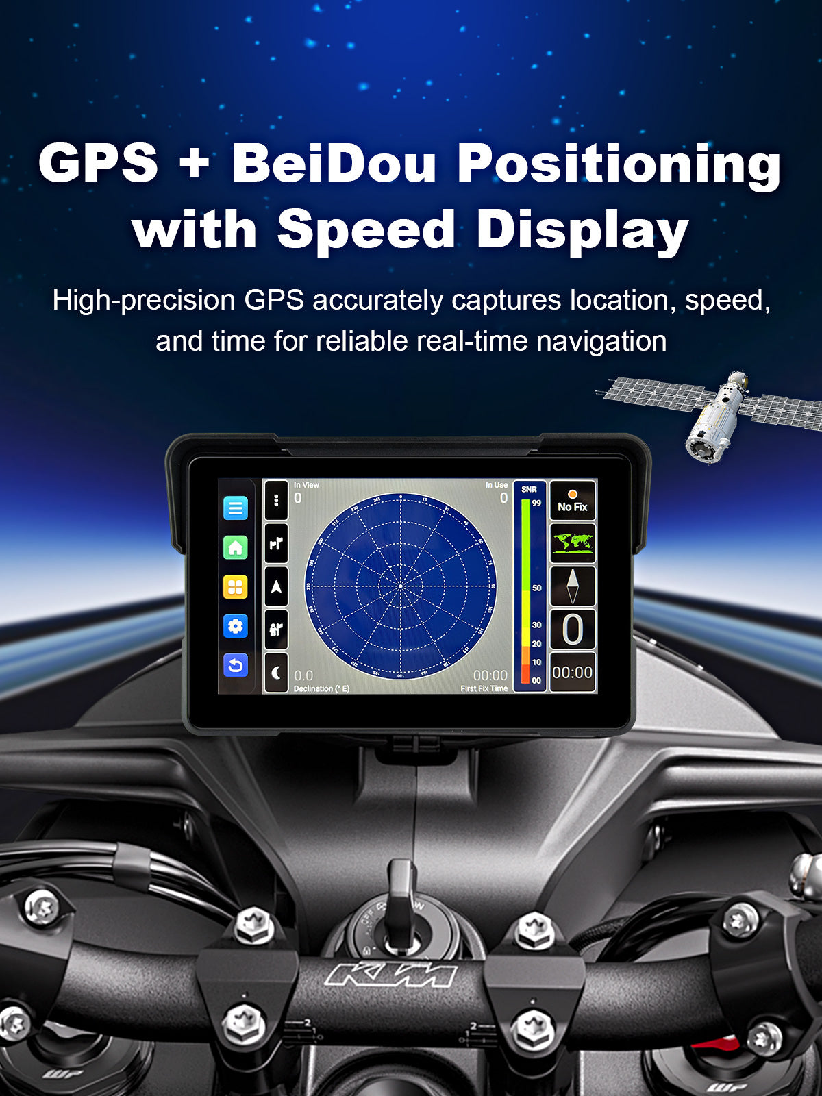 Linkifun MT21 motorcycle navigation screen with built-in GPS and Beidou satellite support for accurate phone-free navigation and real-time location data.