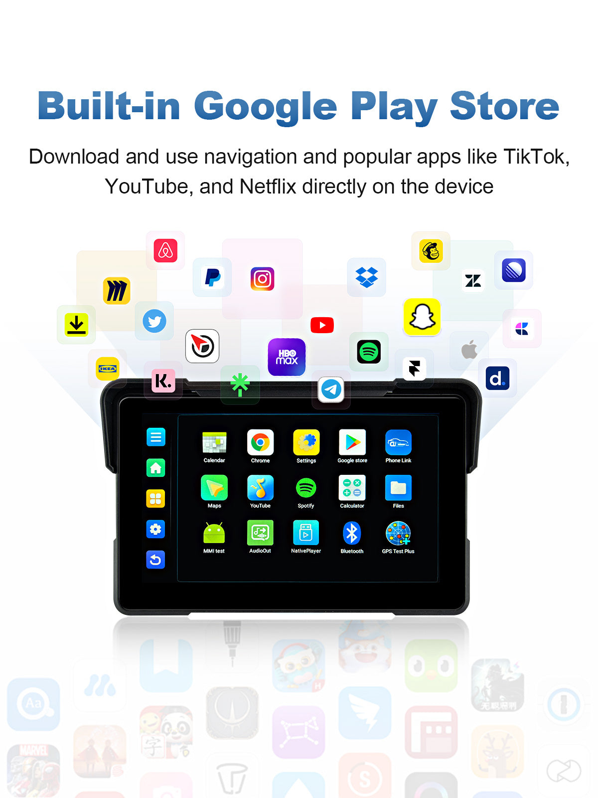 Linkifun MT21 motorcycle navigation screen with built-in Google Play Store for downloading navigation, music, and riding apps directly on the device.