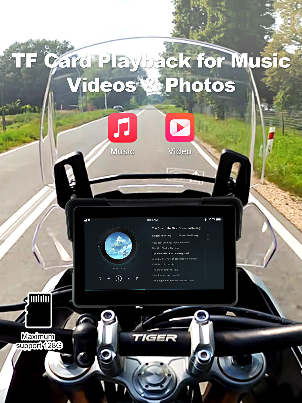Linkifun MT21 motorcycle navigation screen supporting TF card offline music playback without requiring a smartphone or data connection.