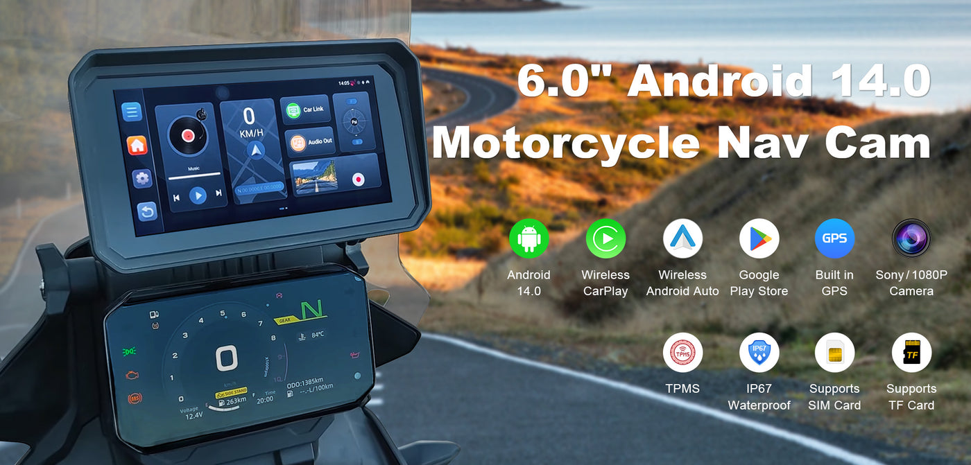 Linkifun MT23 6.0-inch Android 14 Motorcycle GPS DVR Screen with Wireless CarPlay and Android Auto – desktop homepage banner showcasing navigation and dual-camera recording
