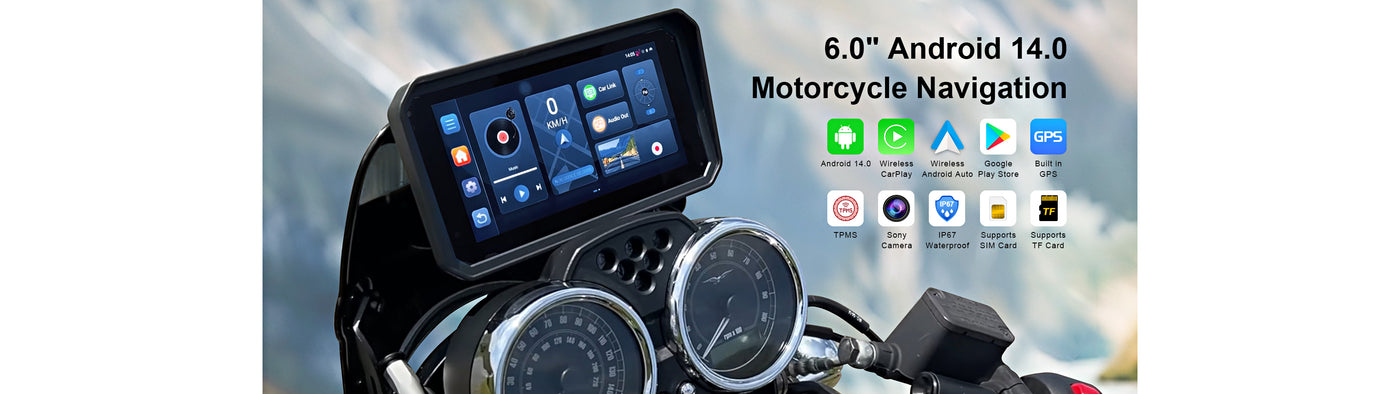 Linkifun MT23 Android 14 Motorcycle Screen with Wireless CarPlay, TPMS, GPS, and DVR – Promotional Banner