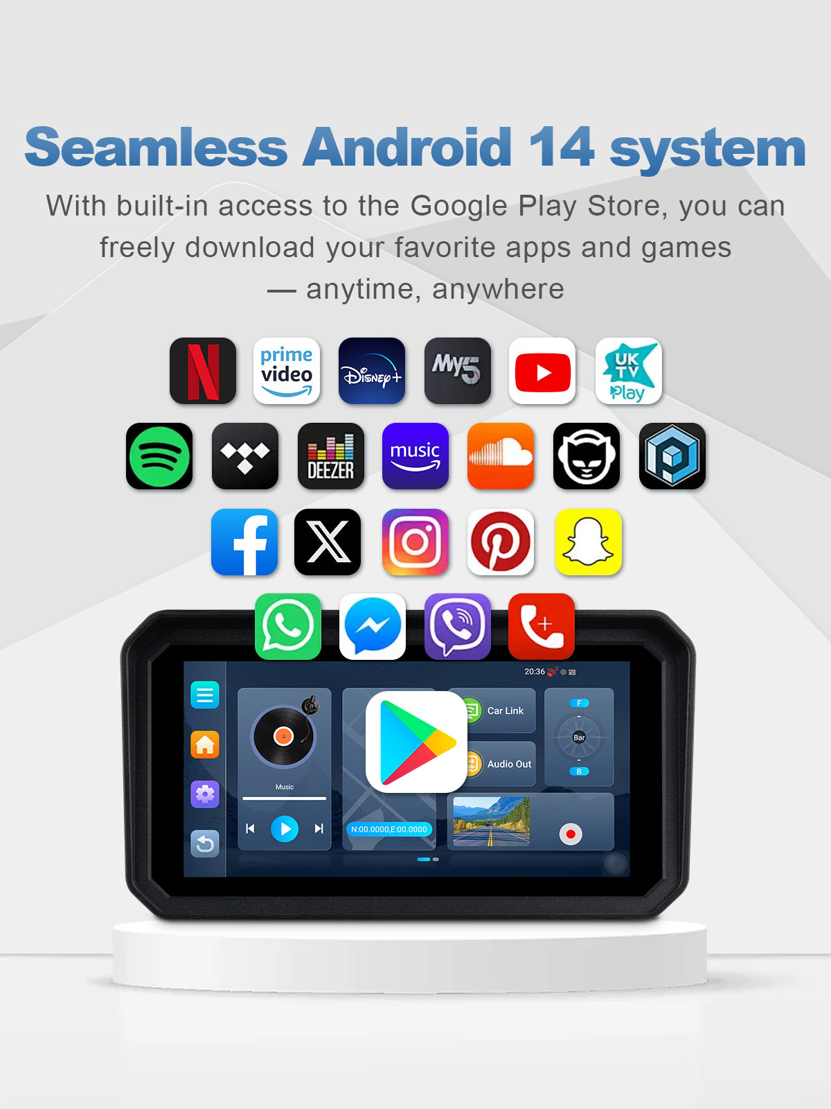 Linkifun MT23 motorcycle dash cam with Android 14 system and Google Play Store access for apps like Google Maps, Waze, Spotify, YouTube, and weather updates