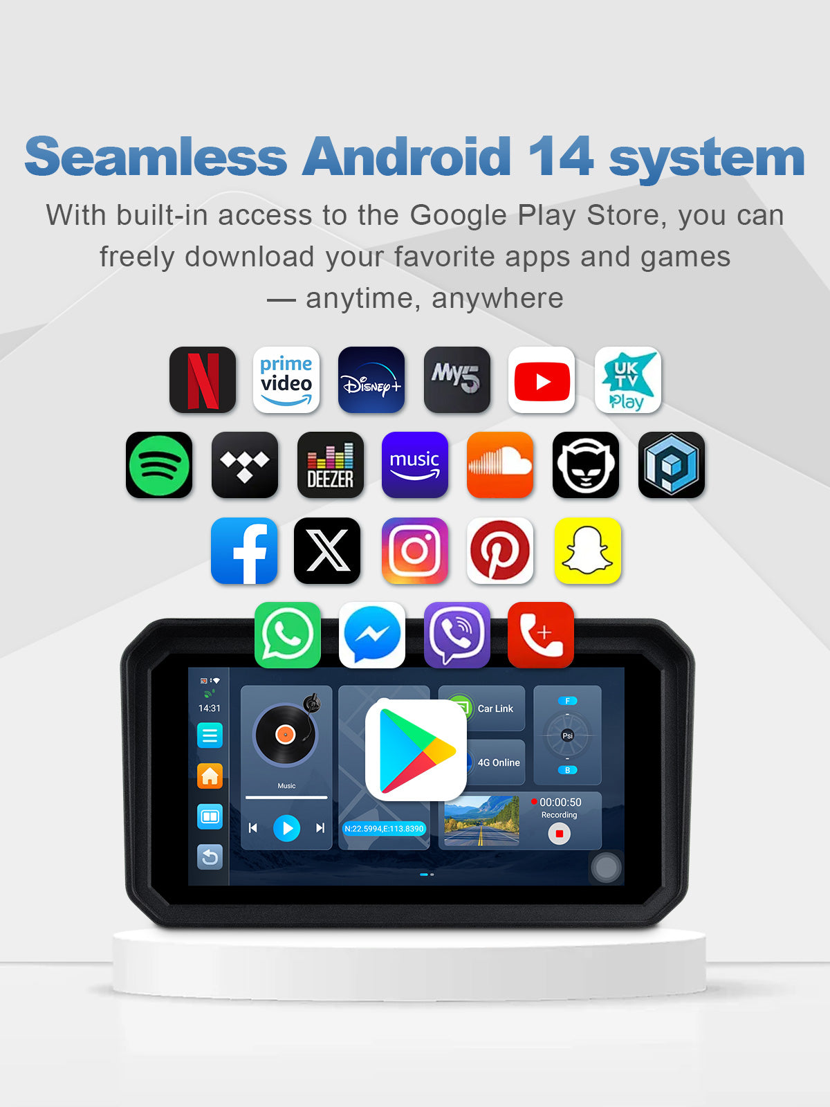 Linkifun MT23 motorcycle dash cam with Android 14 system and Google Play Store access for apps like Google Maps, Waze, Spotify, YouTube, and weather updates