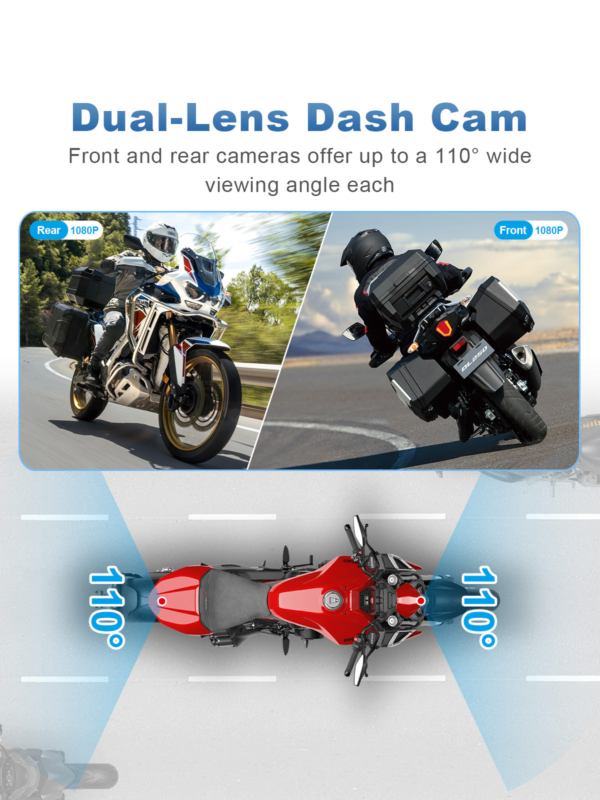 Linkifun MT23 motorcycle dash cam with front and rear dual camera recording in 1080P, IP67 waterproof protection, and optional Sony IMX307 upgrade for wider view and enhanced clarity