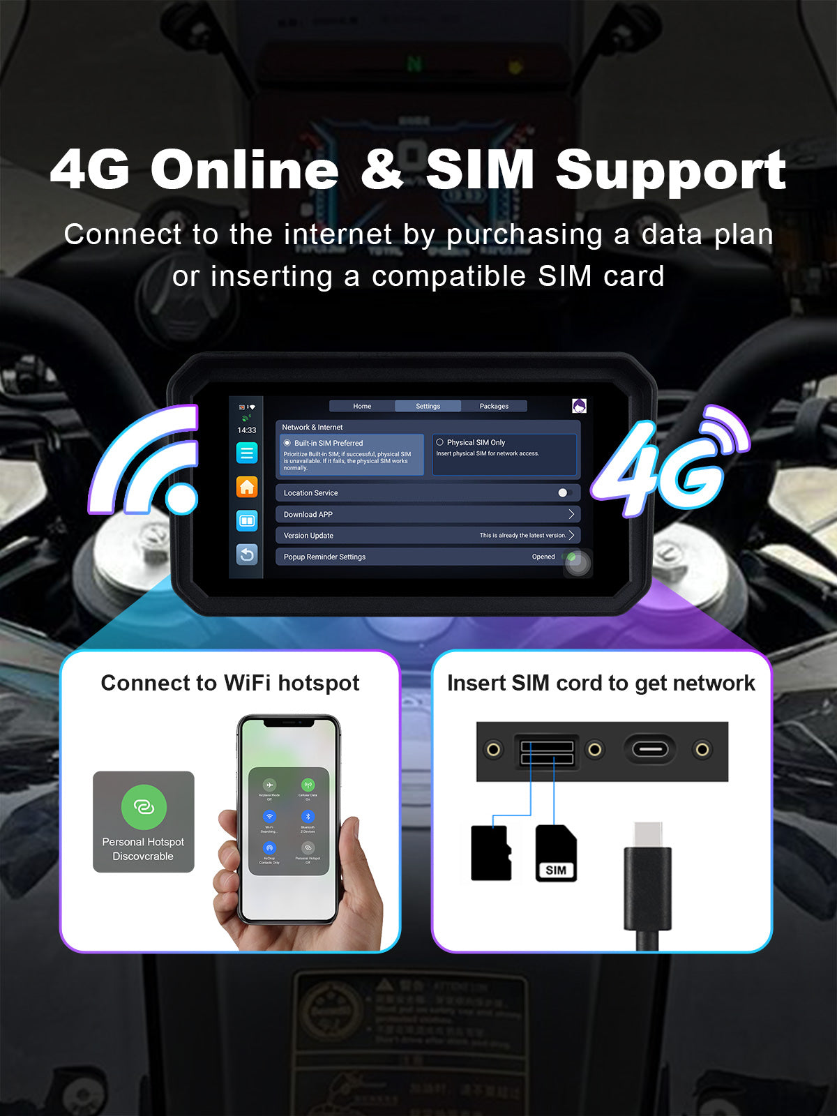 Linkifun MT23 motorcycle dash cam with dual network support, built-in SIM card slot for 4G/3G/2G connectivity, and TF card expansion for independent smart riding