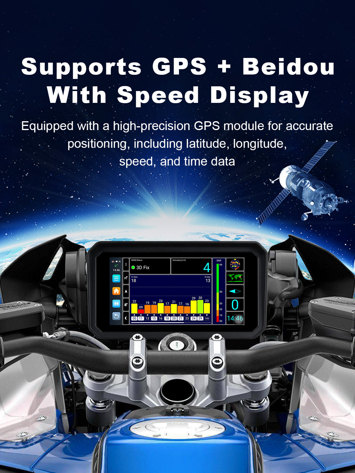 Linkifun MT23 motorcycle dash cam with built-in GPS and Beidou satellite support for accurate real-time navigation, speed, and location data without a smartphone