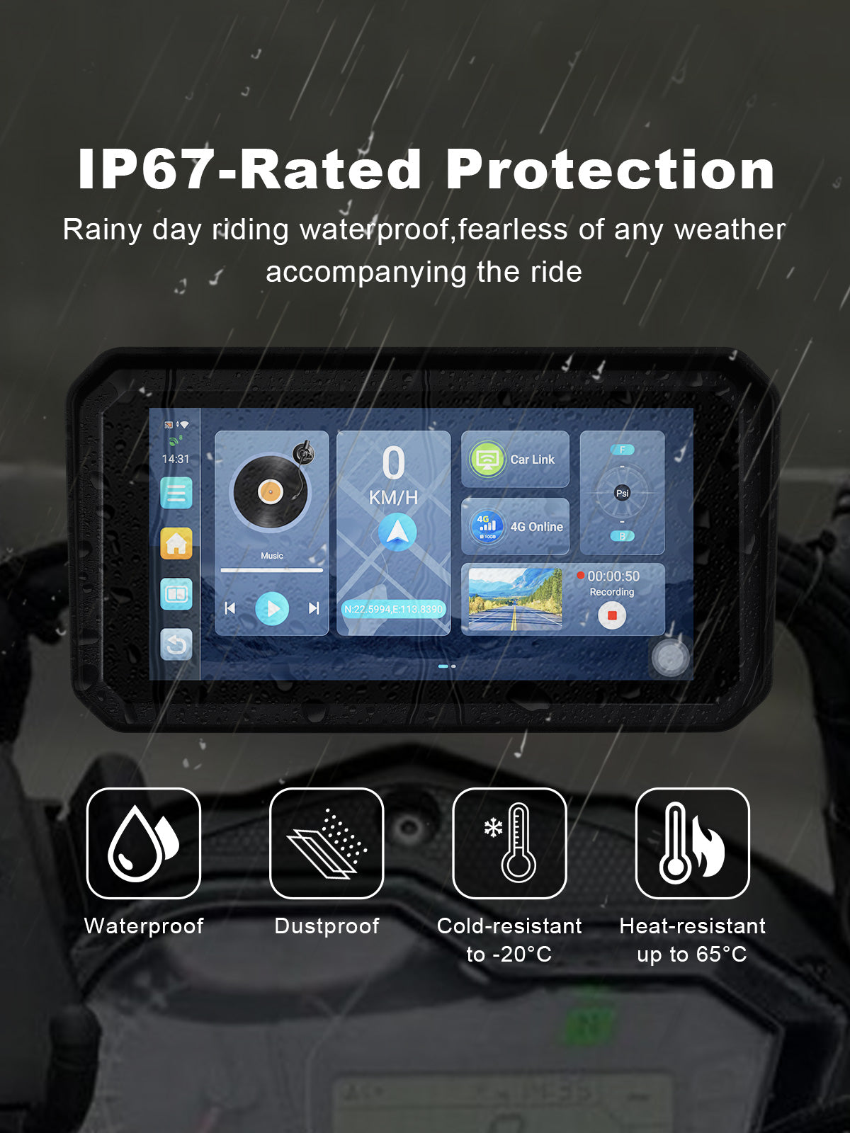 Linkifun MT23 motorcycle dash cam with IP67 waterproof and dustproof design for reliable all-weather riding performance in rain, mud, and harsh conditions