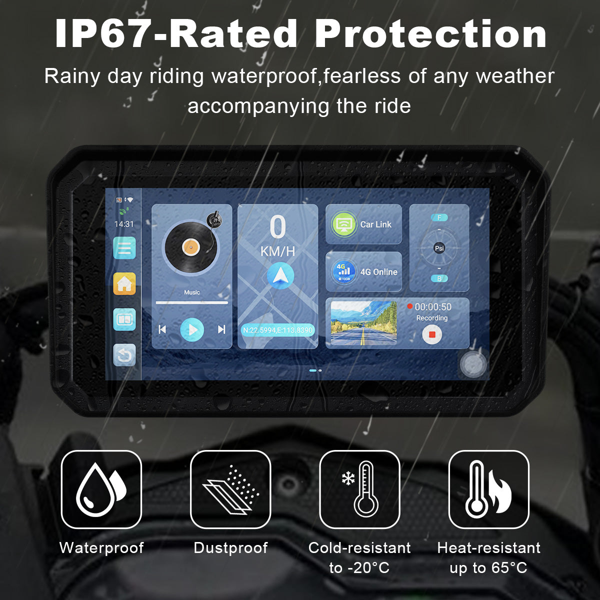 Linkifun™ MT23 6" Motorcycle Dash Cam with Wireless CarPlay/Android Auto, Android 14, SIM Support, TPMS, Odometer, GPS, DVR, Magnetic Mount