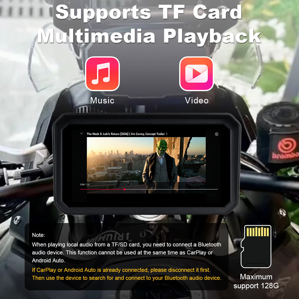 Linkifun™ MT23 6" Motorcycle Dash Cam with Wireless CarPlay/Android Auto, Android 14, SIM Support, TPMS, Odometer, GPS, DVR, Magnetic Mount