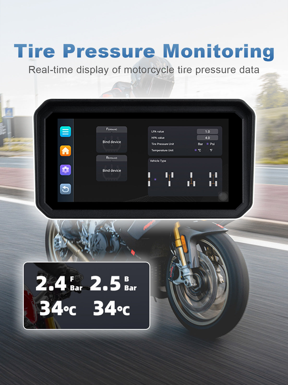Linkifun MT23 motorcycle dash cam with real-time TPMS for 2-wheel and 4-wheel motorcycles, Bluetooth tire pressure monitoring, and accessory support for extra sensors