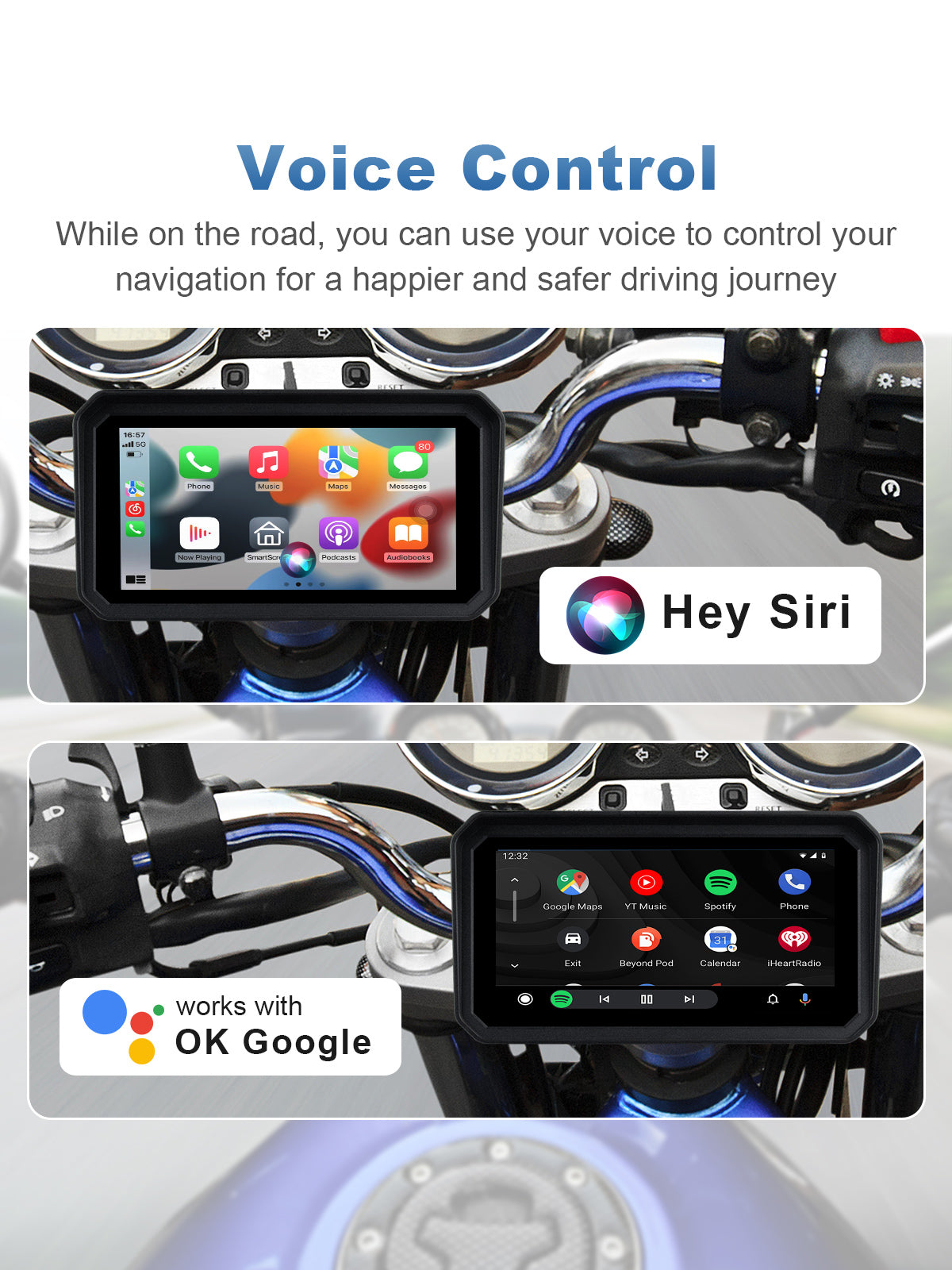 Linkifun MT23 motorcycle dash cam with hands-free voice control using Siri and Google Assistant via wireless CarPlay and Android Auto for safer riding