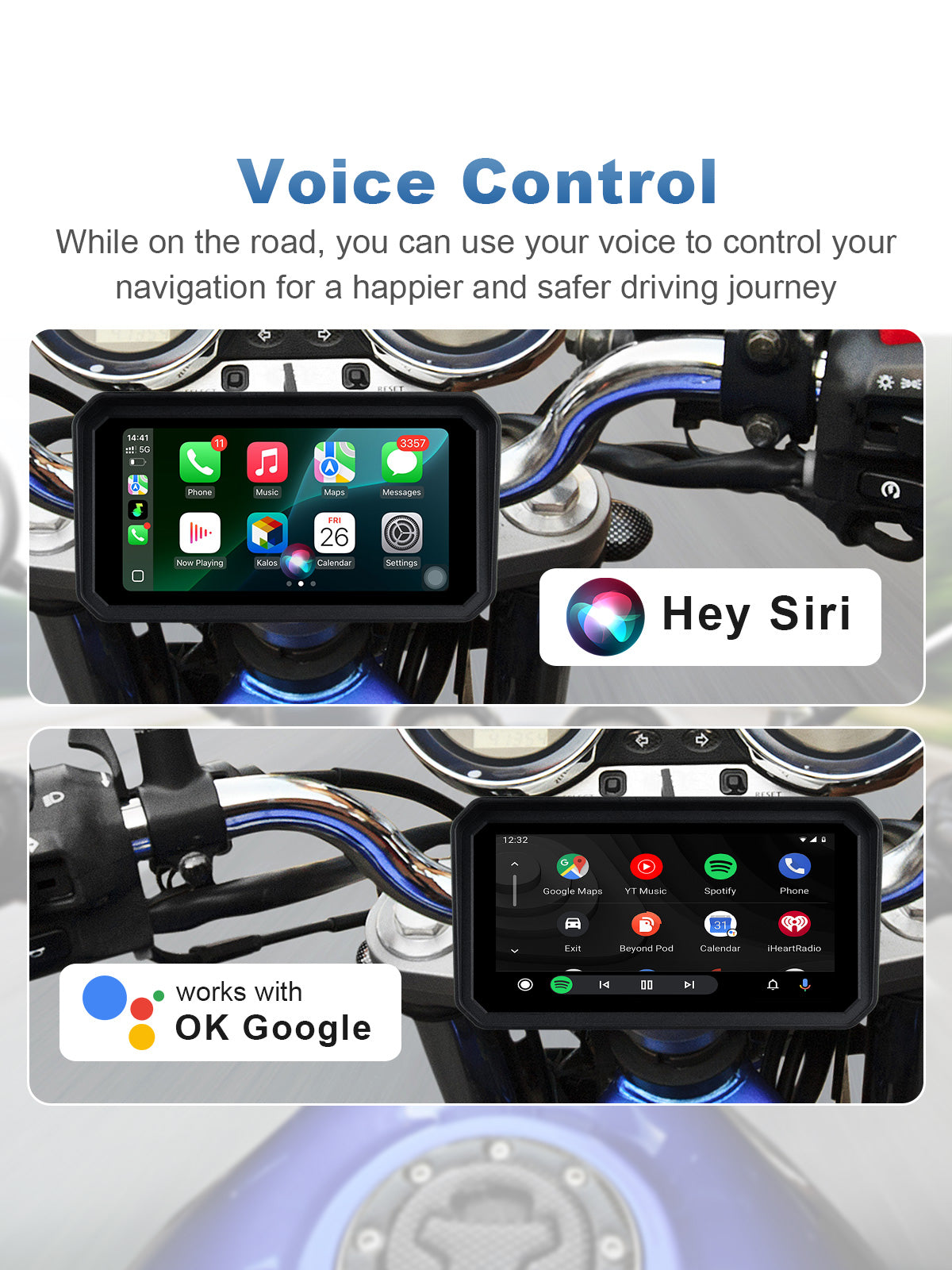 Linkifun MT23 motorcycle dash cam with hands-free voice control using Siri and Google Assistant via wireless CarPlay and Android Auto for safer riding