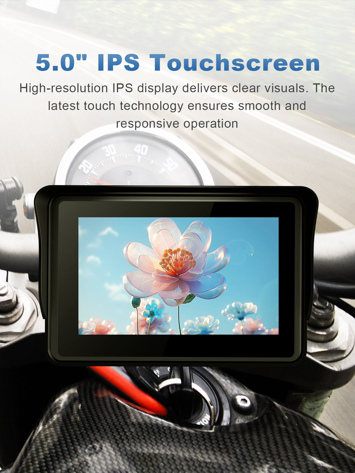 Linkifun MT3 motorcycle navigation screen with 5.0-inch high-resolution IPS touchscreen, delivering sharp visuals and smooth responsive control for easy navigation