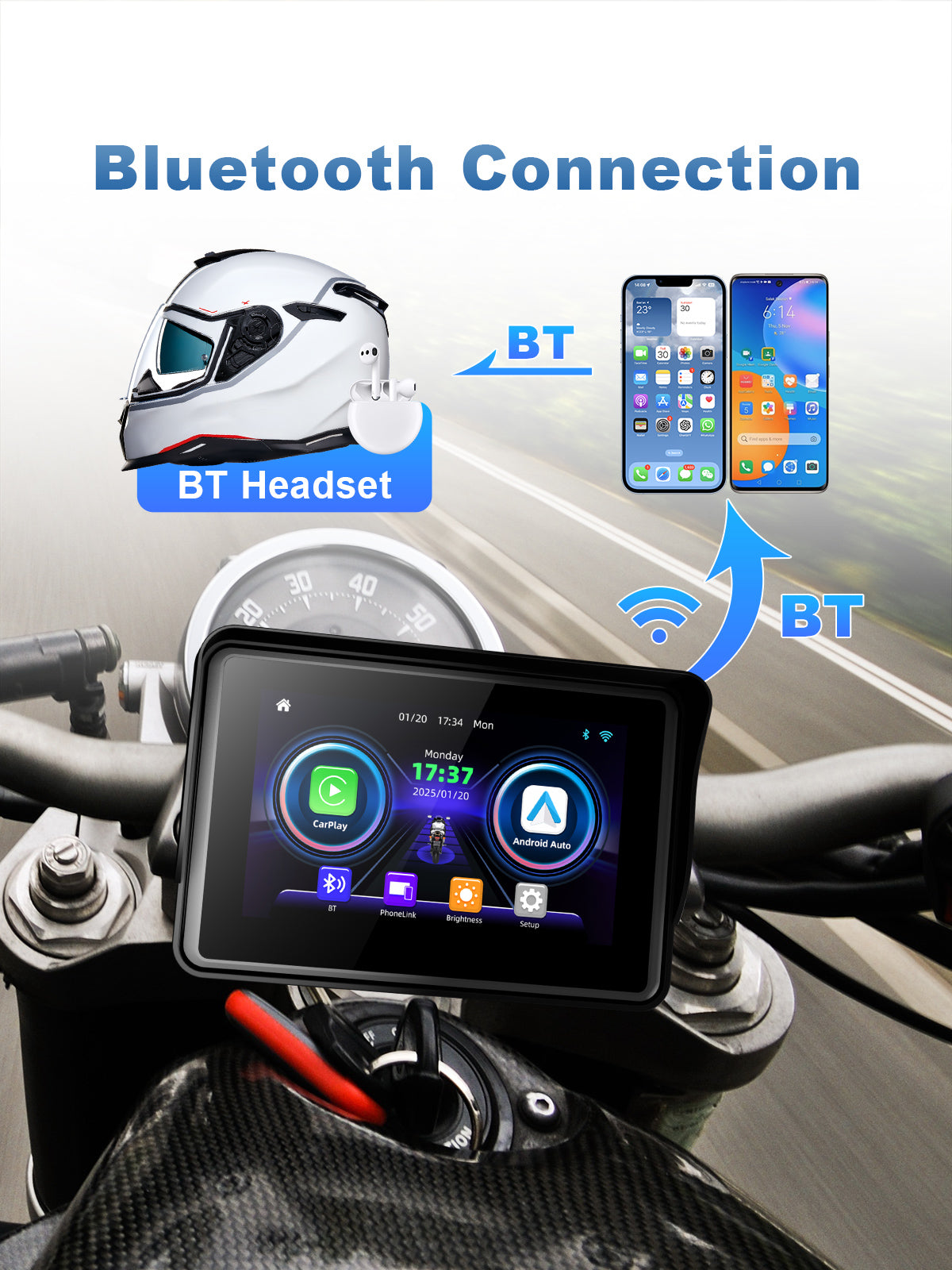 Linkifun MT3 motorcycle navigation screen with Bluetooth 5.0 for seamless helmet headset connectivity, providing clear navigation prompts, music playback, and hands-free calls