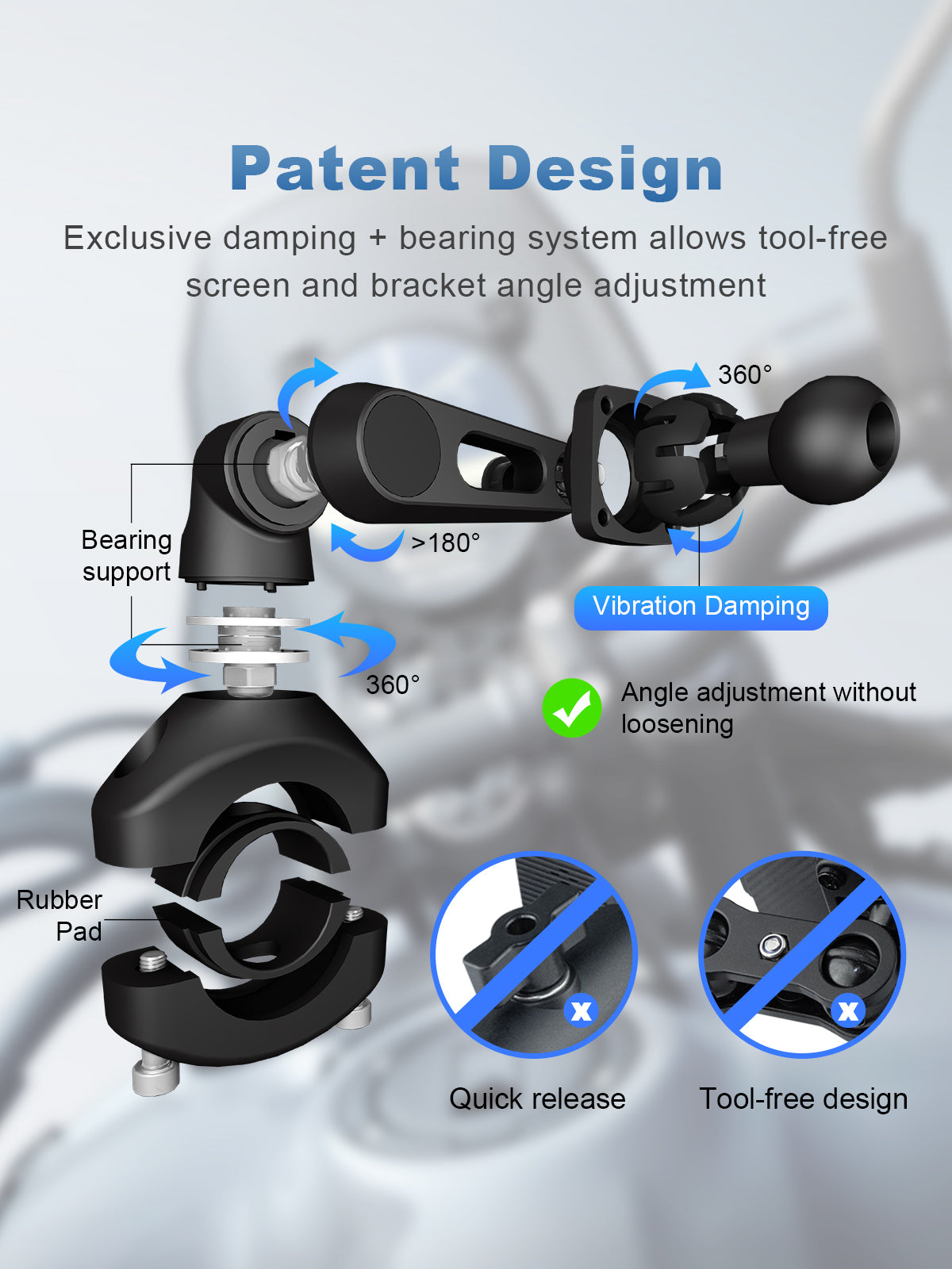 Linkifun MT3 motorcycle navigation screen with patented bracket, tool-free adjustment, 360-degree rotation, over 180-degree tilt, vibration damping, and secure rubber-pad base