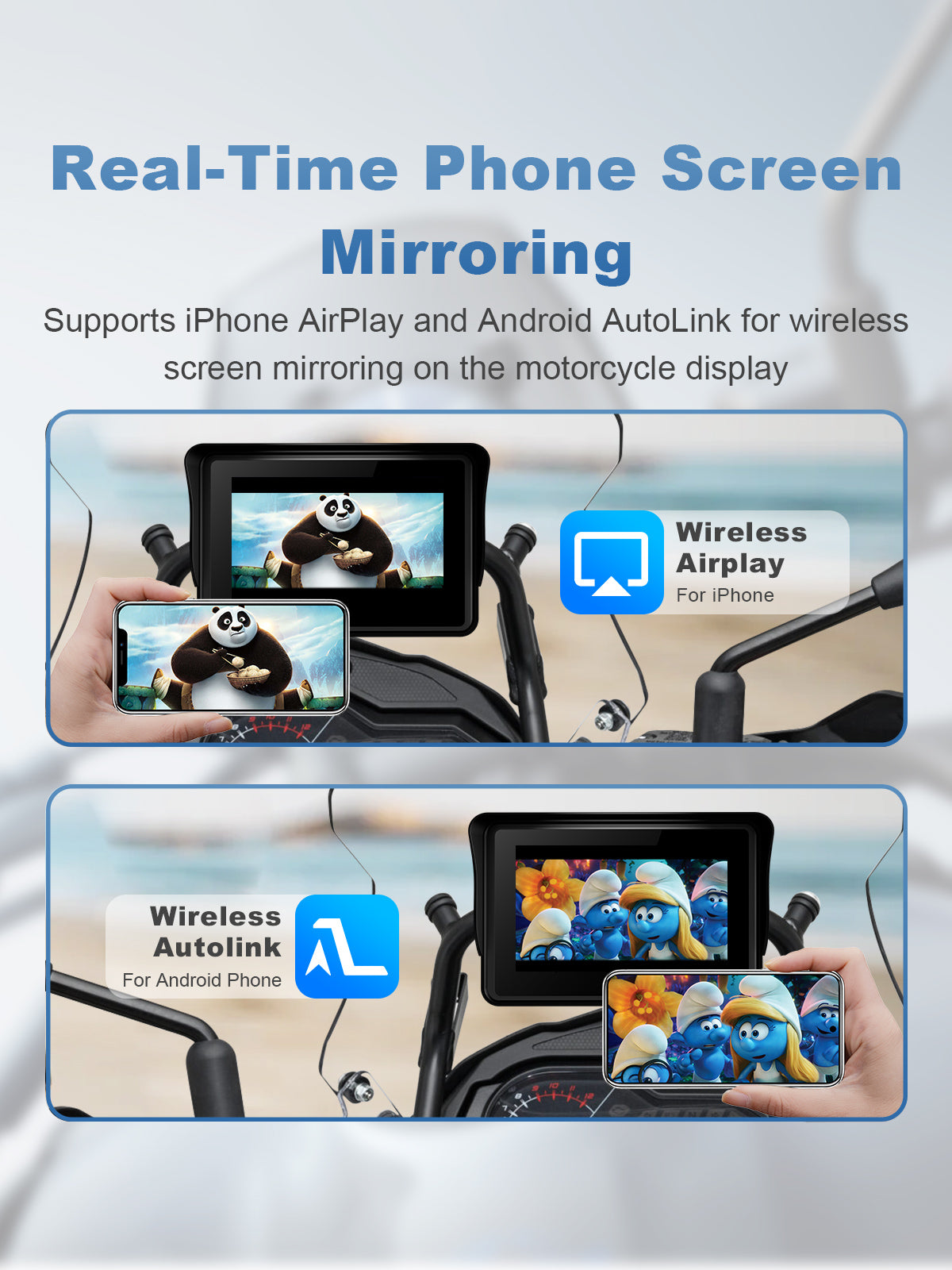 Linkifun MT3 motorcycle navigation screen with real-time phone screen mirroring via AirPlay for iPhone and AutoLink for Android to display GPS apps, videos, and ride stats