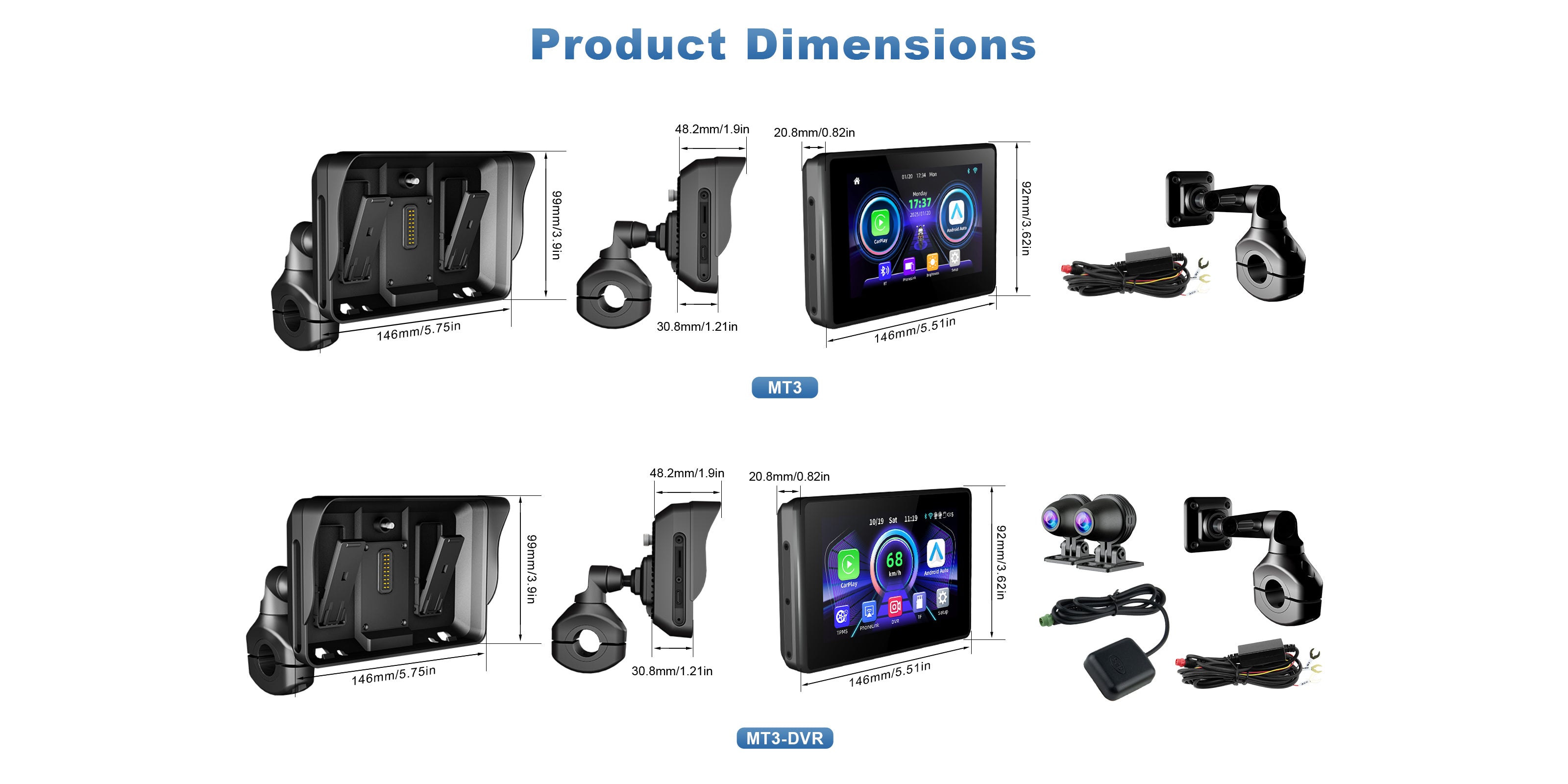 Linkifun MT3 motorcycle navigation screen size specifications with detailed dimensions for accurate motorcycle fitting