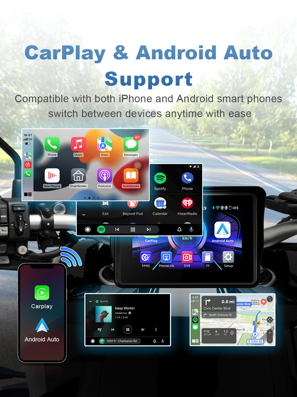 Linkifun MT3 motorcycle navigation screen with wireless CarPlay and Android Auto on a 5-inch IPS display for hands-free navigation, music, calls, and voice control