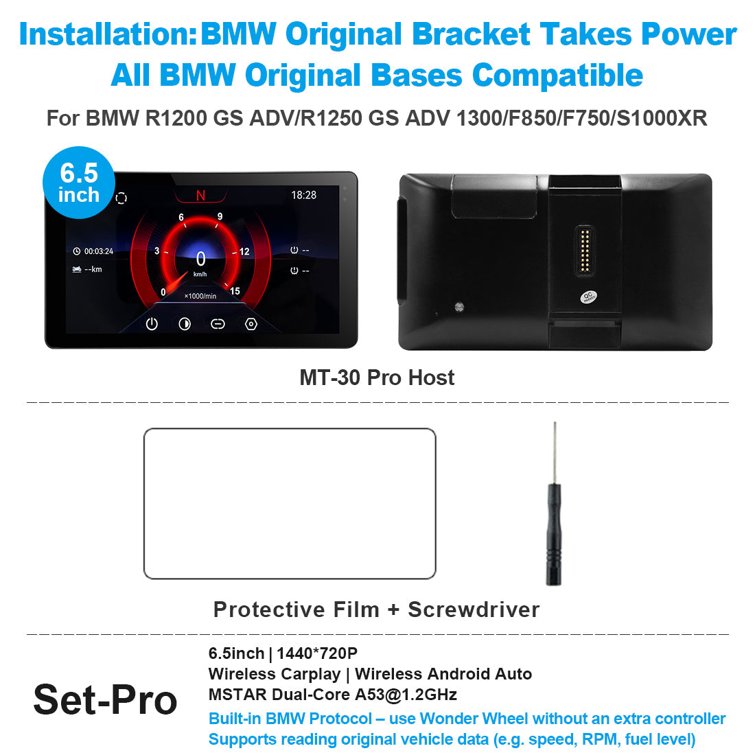 Linkifun™ MT20/MT30 5.5"/6.5" Wireless CarPlay Android Auto Dashboard Navigation Screen with DVR – Special for BMW Motorcycles