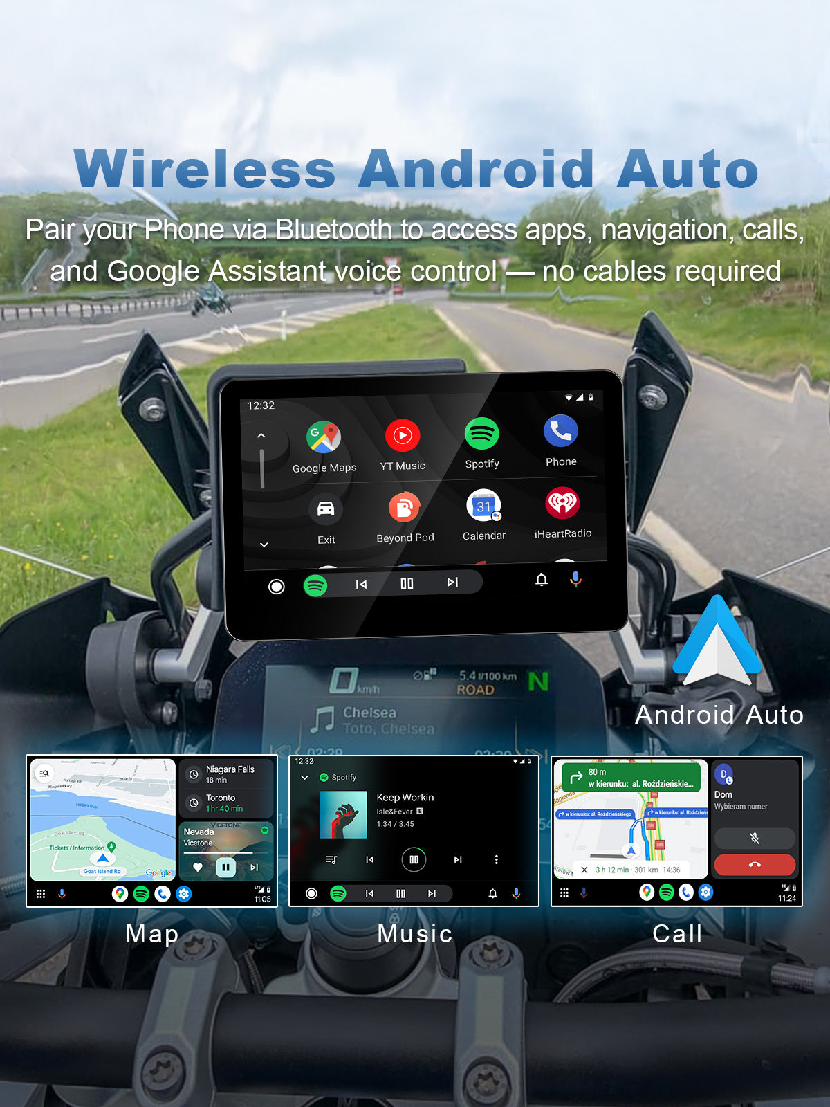 Linkifun MT13 Pro BMW motorcycle display supporting wireless Android Auto with Wonder Wheel, touchscreen, and Google Assistant voice control.