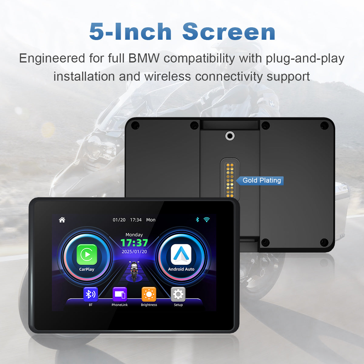 Linkifun MT3A 5-inch touchscreen display for motorcycle navigation, offering plug-and-play setup and seamless wireless connectivity for CarPlay and Android Auto.