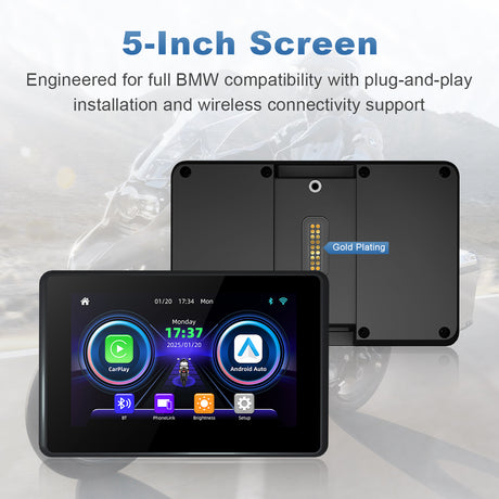 Linkifun MT3A 5-inch touchscreen display for motorcycle navigation, offering plug-and-play setup and seamless wireless connectivity for CarPlay and Android Auto.