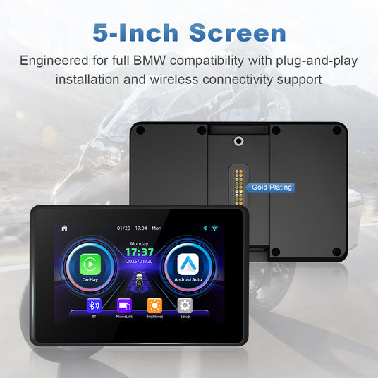 Linkifun MT3A 5-inch touchscreen display for motorcycle navigation, offering plug-and-play setup and seamless wireless connectivity for CarPlay and Android Auto.