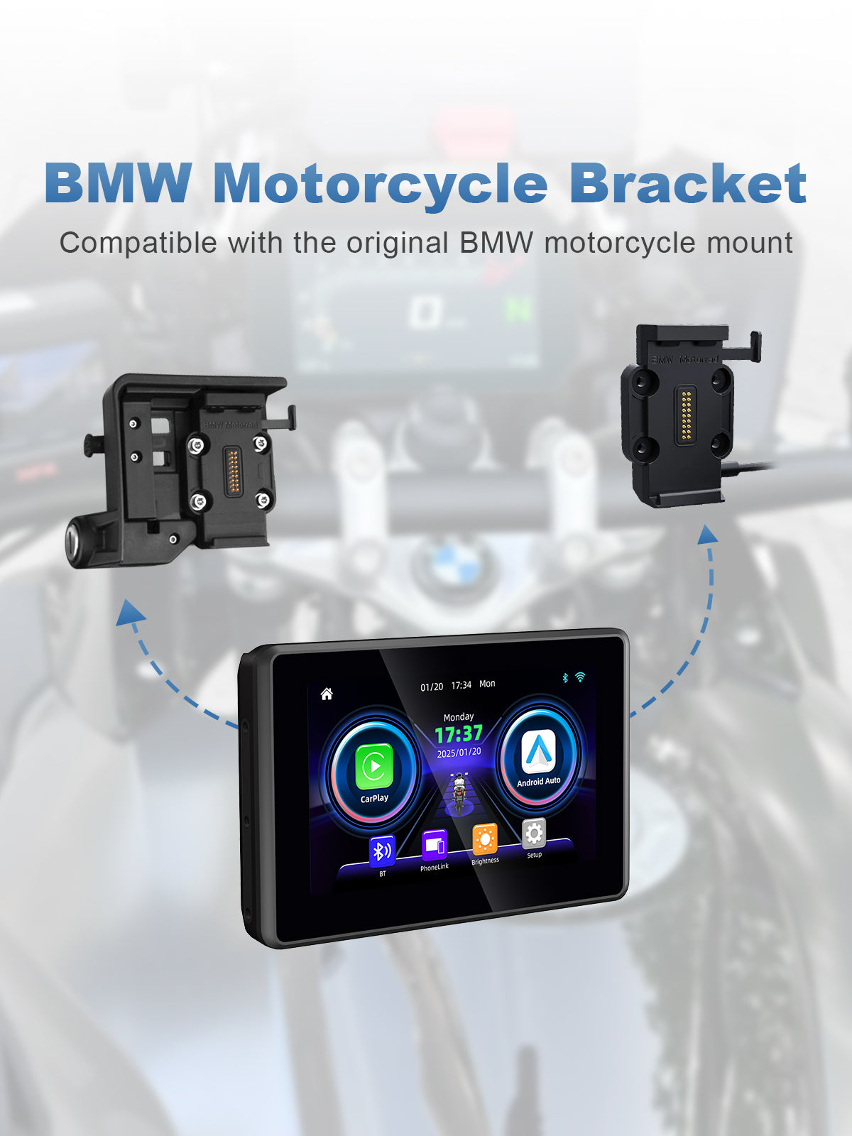 Linkifun MT3A compatible with BMW motorcycle OEM bracket, supporting touchscreen Wireless CarPlay, Android Auto, and phone mirroring. Not compatible with BMW Wonder Wheel control.