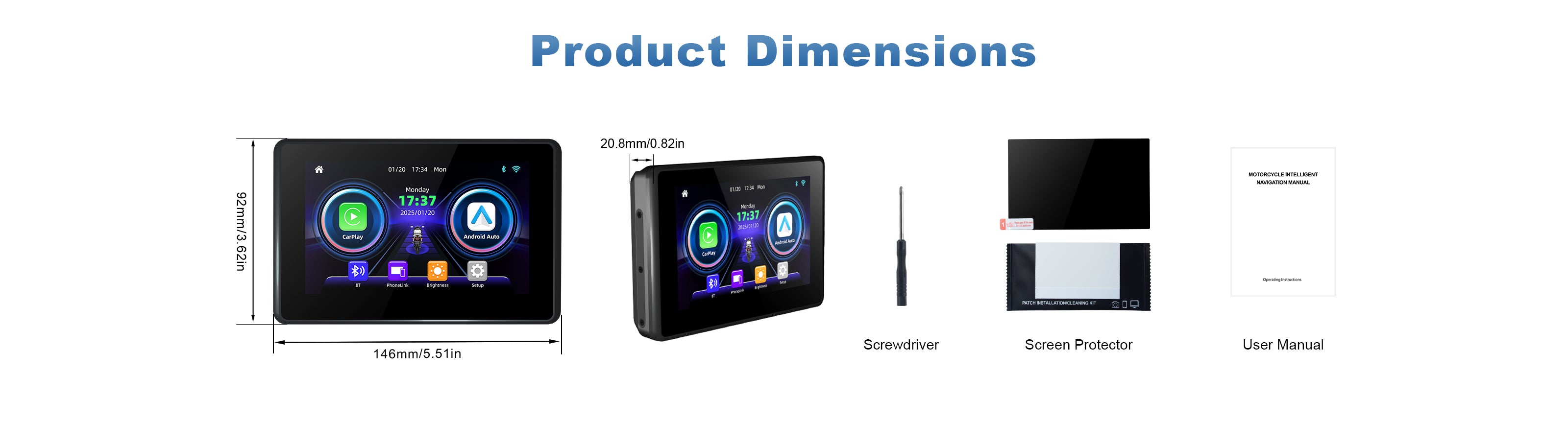 Linkifun MT3A motorcycle screen product dimensions and package contents overview, showing size specifications and included accessories.