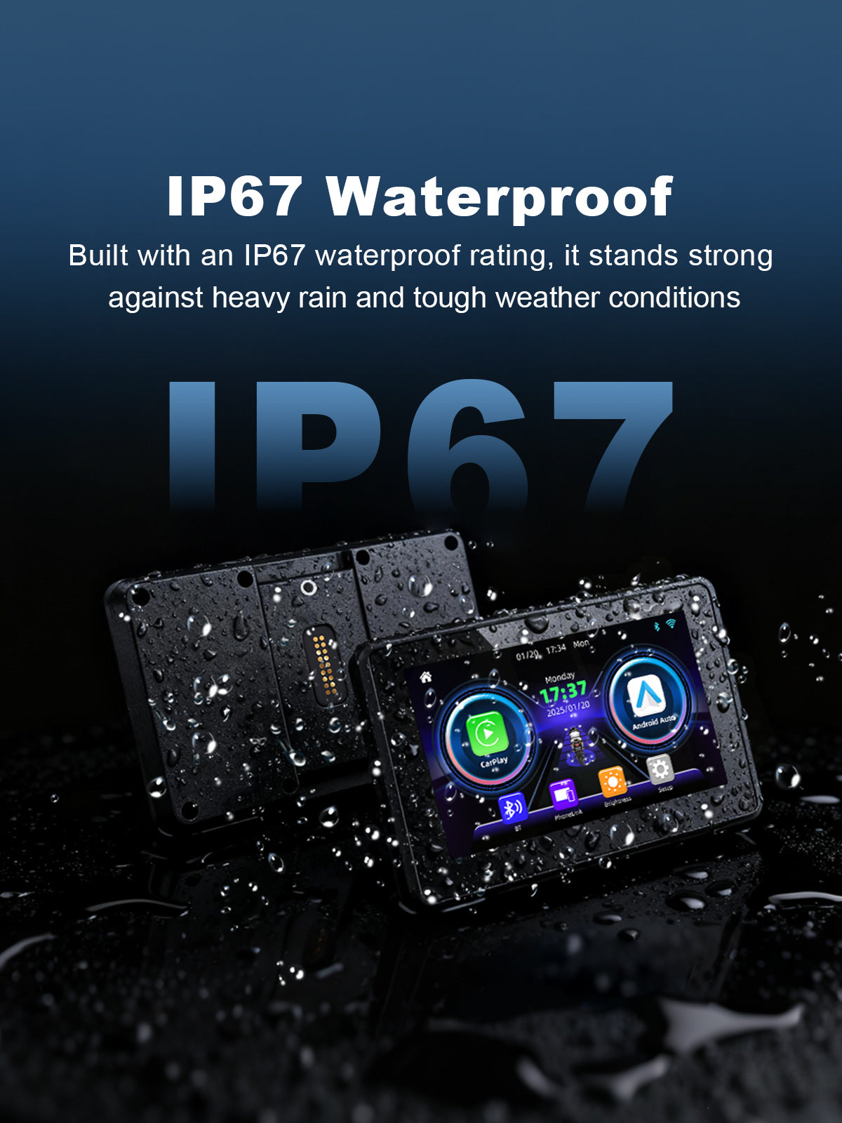 Linkifun MT3A motorcycle display with IP67 waterproof protection, ensuring durability against rain, dust, and harsh weather conditions.