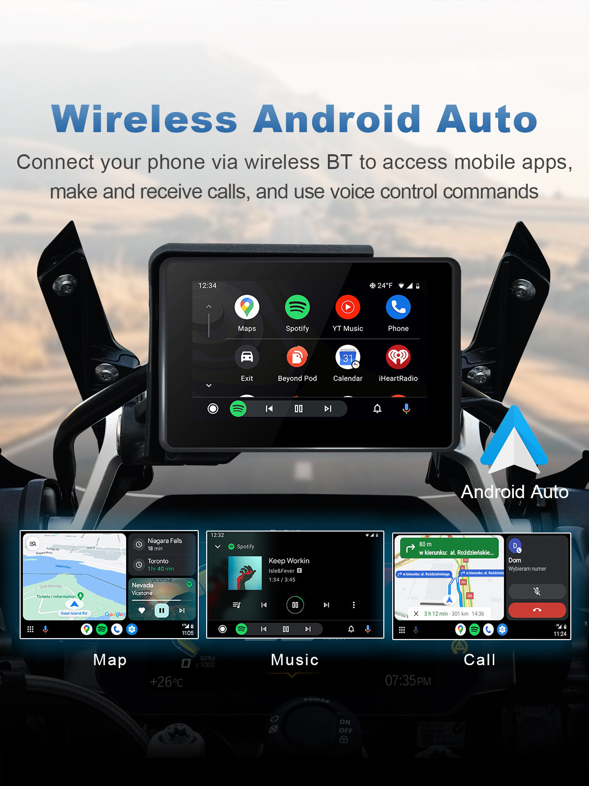 Linkifun MT3A wireless Android Auto screen for BMW motorcycles with OEM bracket, offering Google Maps navigation, music streaming, and voice commands via Google Assistant.